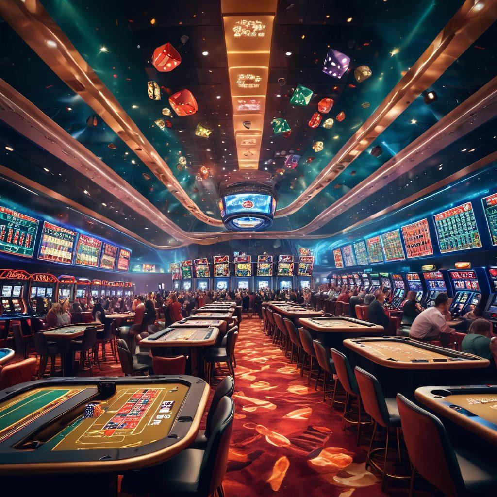 A dynamic scene blending a sports stadium filled with cheering fans and a vibrant casino floor bustling with players, showcasing a montage of various sports equipment and casino games like dice and cards. Emphasize the thrill of winning with bright lights and dynamic movement, overlaying intriguing odds calculations and strategy charts. The atmosphere should be energetic and inviting, reflecting the excitement of betting. super-realistic. vibrant colors. 3D.