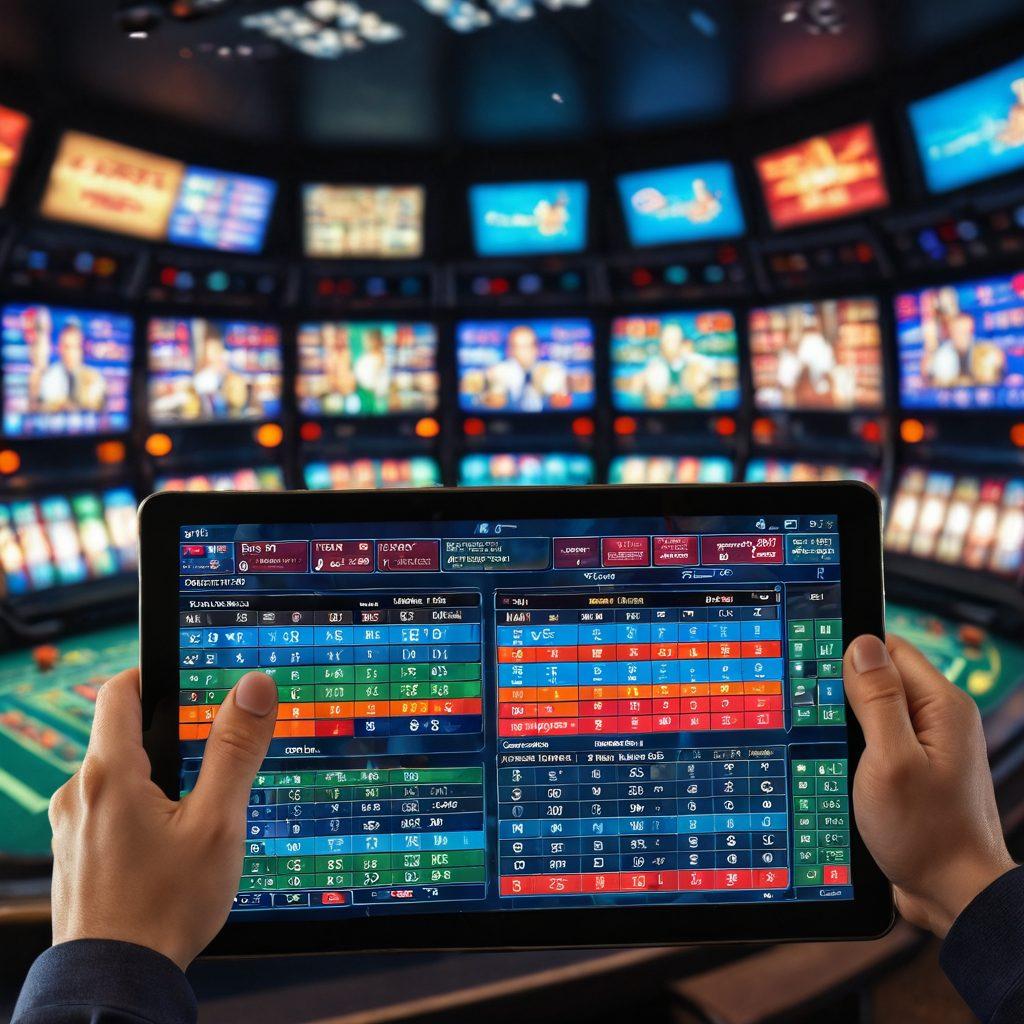 A dynamic scene depicting a split view of a sports stadium on one side with cheering fans and athletes in action, and on the other side a virtual casino filled with glowing slot machines and virtual poker games. In the foreground, a thoughtful person analyzing betting odds on a digital tablet, surrounded by charts and statistics. The atmosphere is vibrant, showcasing excitement and strategic thinking in both realms. super-realistic. vibrant colors. 3D.