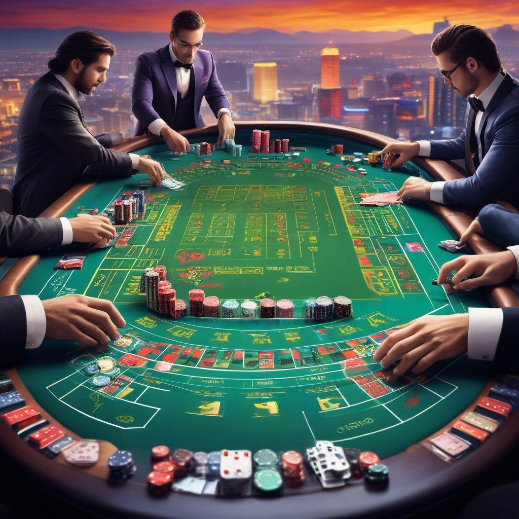 A detailed layout showcasing a dynamic betting landscape, featuring a diverse group of gamblers analyzing strategies at a digital betting table with charts, dice, cards, and calculators. Include elements like a glowing skyline representing a vibrant casino city in the background, with subtle hints of luck symbols like four-leaf clovers and horseshoes. The atmosphere should convey excitement and strategy. colorful illustration. dynamic composition. vibrant colors.